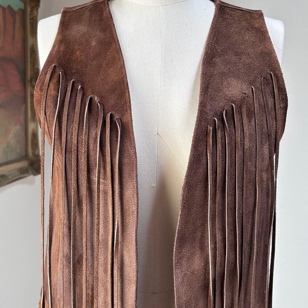 70s genuine suede fringe vest brown western festival boho vintage women M L - Picture 3 of 13